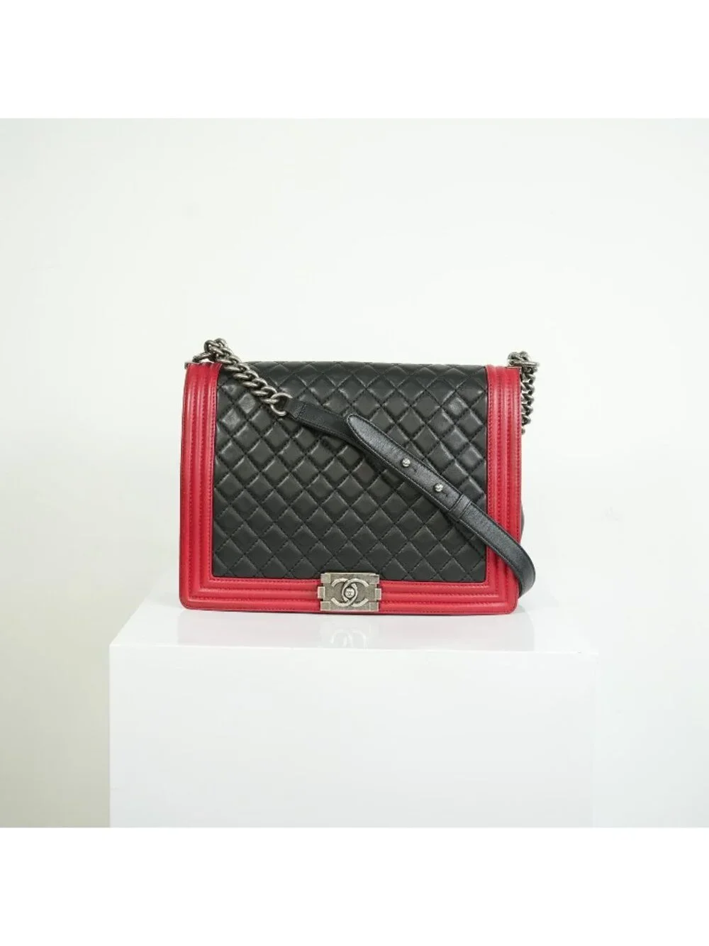 Chanel Boy Large Black and Red Quilted Leather